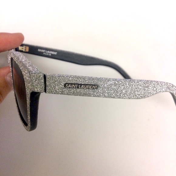 SAINT LAURENT YSL SILVER GLITTER BLACK LEATHER SUNGLASSES SL51 051 NWOT - Picture 11 of 14